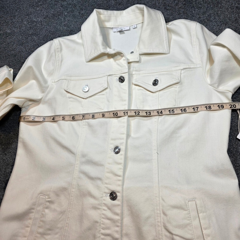 NWT Chico's 1 Medium White Mid-Length Denim Jacket Fray Hem Side Slits Shacket - Picture 14 of 16